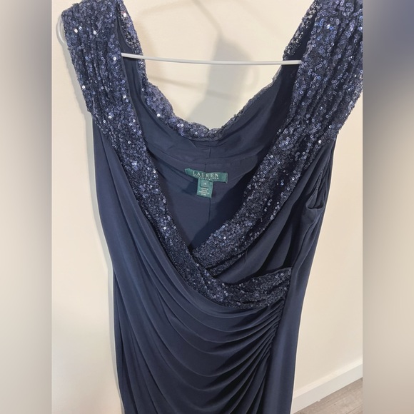 Lauren Ralph Lauren navy knee length evening dress w sequin collar details SZ 14 - Picture 2 of 6